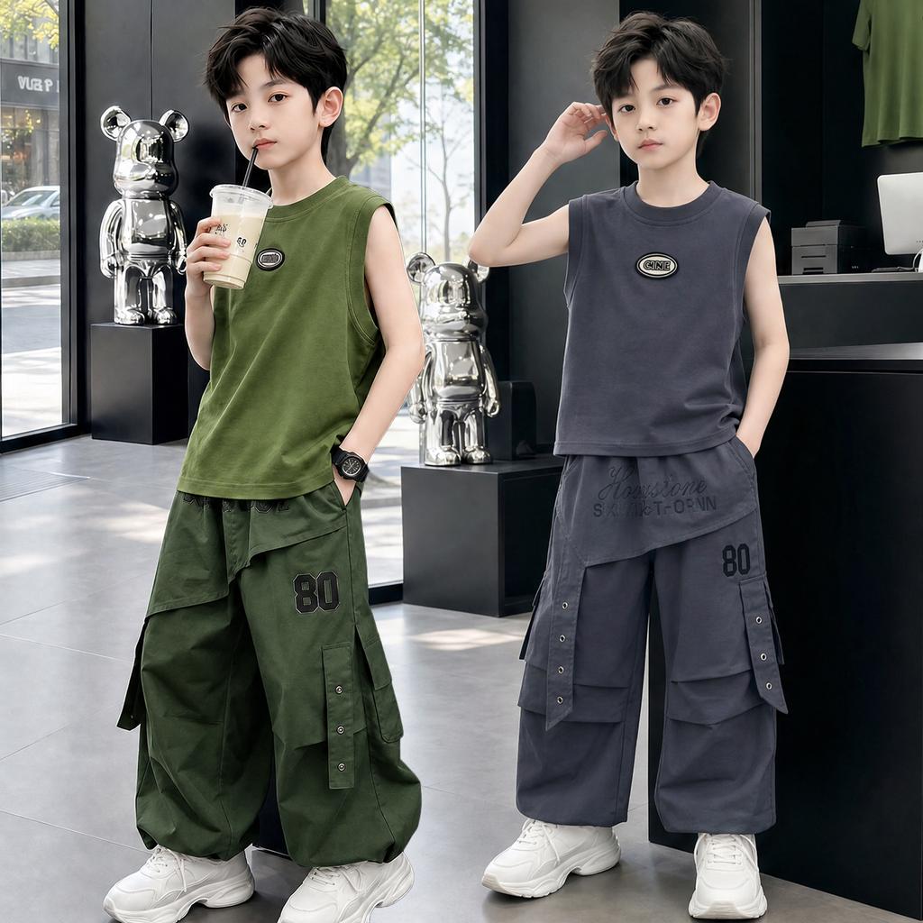 Boys' Sleeveless Summer Thin Style 2026 New Style Boys' Rascal Handsome Casual Middle and Large Children's Loose Summer Clothing Children's Set