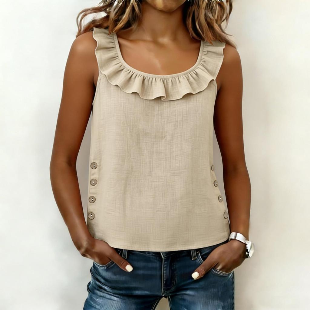 Women Sleeveless Ruffle Neck Casual Tank Top with Side Button Detailing Relaxed Fit Blouse for Summer Daily Wear