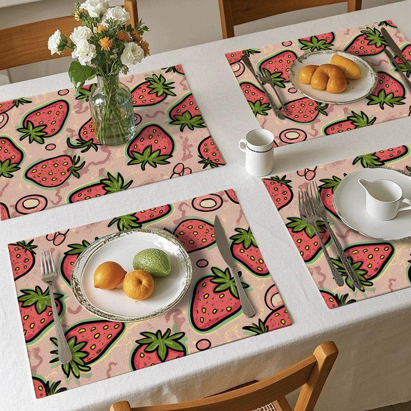 4/6pcs Rectangular Placemats - 18X12 Inches Vintage Strawberry Print Fabric Cartoon Red White Polka Dot Decor 2D Element Pattern Design Easy-Clean Tab