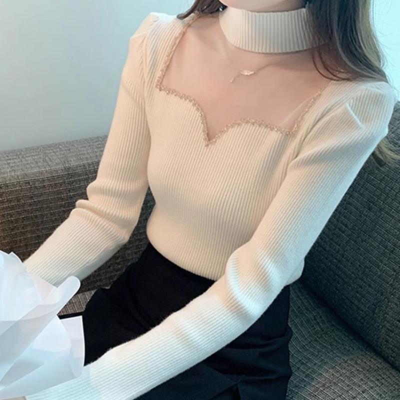 Сетчатая модная рубашка с полувысоким воротом для женщин, осень-зима, корейская версия, облегающий универсальный свитер, вязаный топ