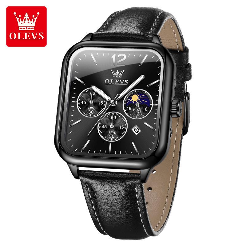 Square Quartz Men's Watch Three Eye Timer Moon Phase Automatic Date Waterproof Luminous Sports Watch