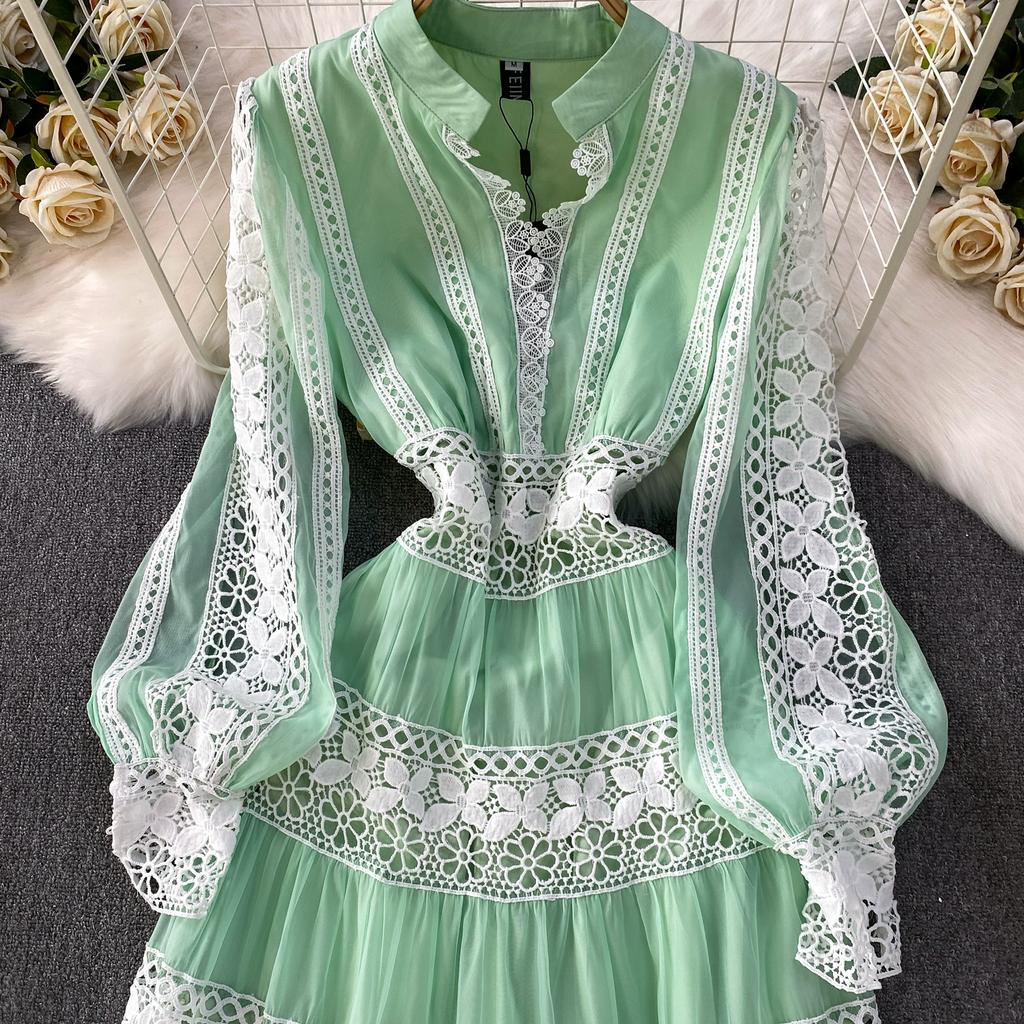 Роскошные Дизайнерские Осенние Вечерние Платья для Выпускного с Ажурной Вышивкой для Женщин, Кружевной Пэчворк, V-образный Вырез, Длинный Рукав-фонарик, Макси-платье