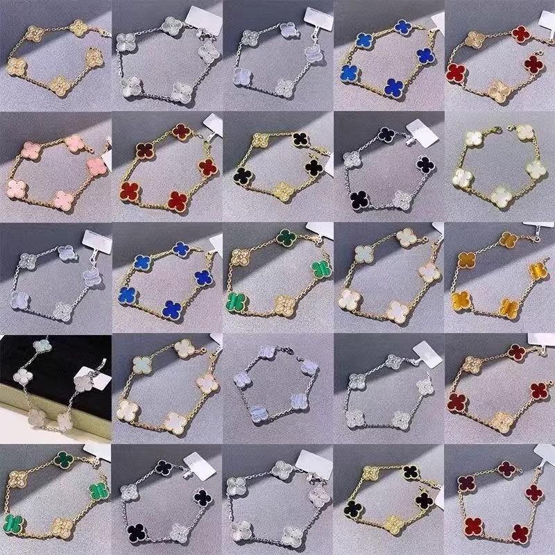 Браслет с четырехлистным клевером и пятью цветами, женский, 18k, с цветком удачи, с белым перламутром