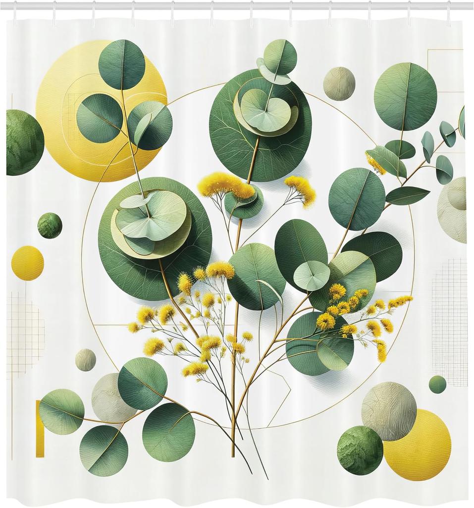 Шторка для душа с листьями эвкалипта, дизайн с листьями в стиле Mid Century Modern Boho, геометрические детали, тканевая ткань, декорация для ванной