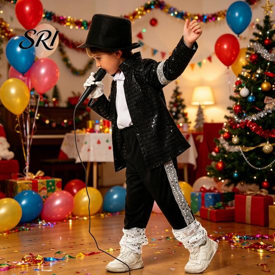 Reflective Sequin Jacket Kids Musician Halloween Costume Set for Kids, Black Jacket, Trousers, Hat, Gloves, Star 80s 90s Retro Stage Outfits