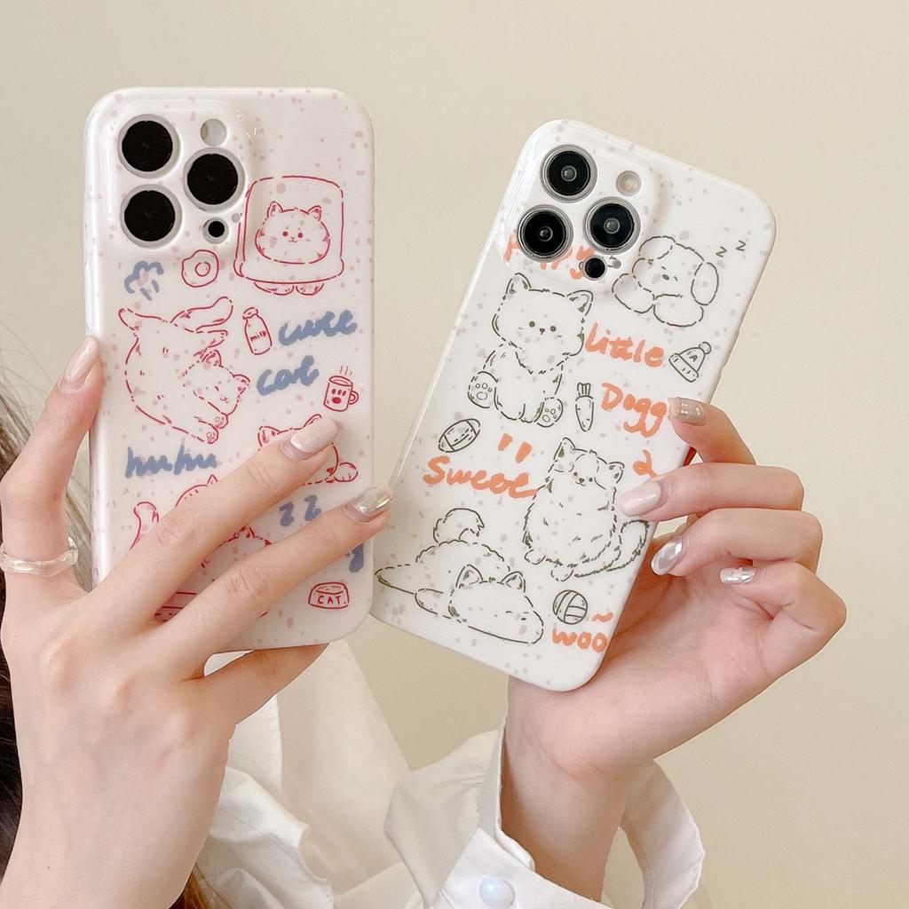 Ins Graffiti Cat Dog Bread Line Lucky Phone Case For Iphone 13 12 Promax 11 14 Pro Max Silicone Soft Imd Cute Cartoon Back Cover