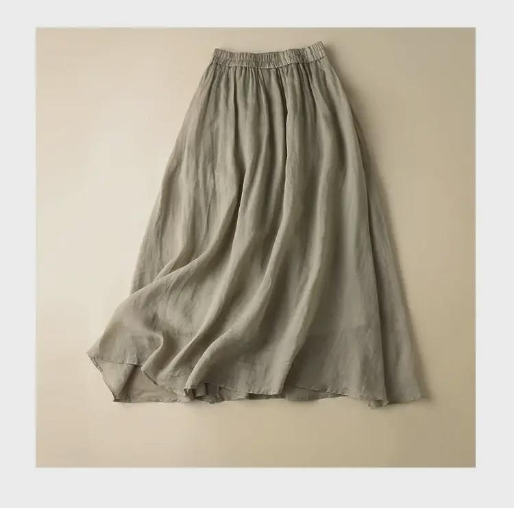 Trendy Cotton-Linen High-Waisted A-Line Skirt: Mid-Length with Ruffled Edges for a Slimming, Drapey Fit.