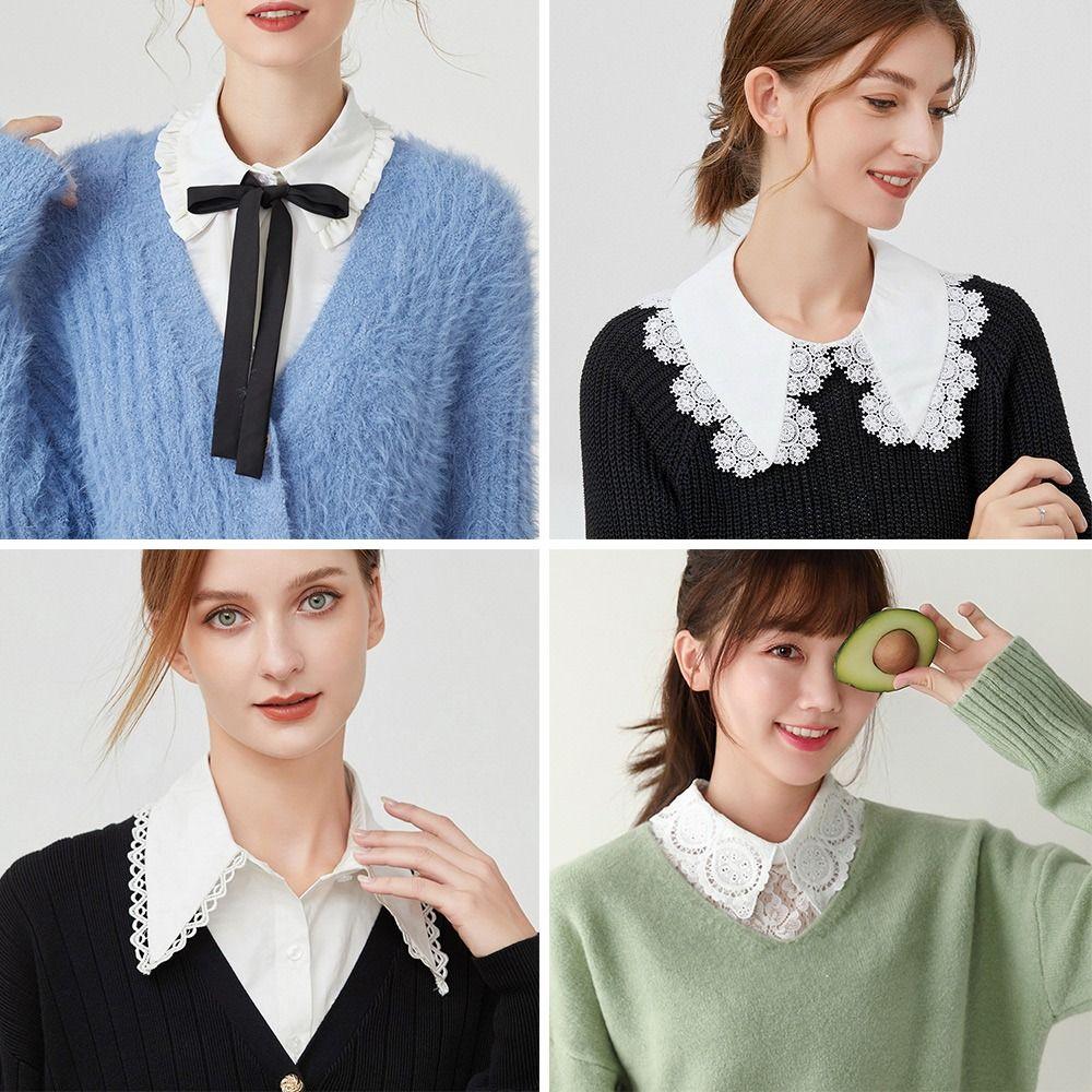 Мода 2023 года, белый искусственный воротник спереди для женщин, съемный воротник-стойка, винтажная кружевная женская блузка с воротником-стойкой для девочек