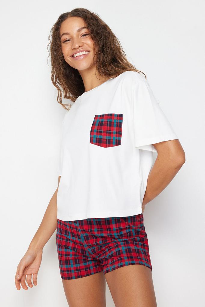 Women's Fashion White Multicolored 100% Cotton Plaid Knitted Pajama Set