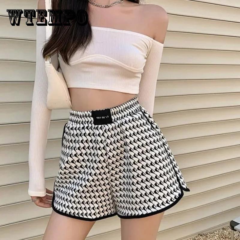 Повседневные женские шорты в шахматном порядке, свободные модные женские спортивные шорты с высокой талией и широкими штанинами, универсальные женские спортивные шорты