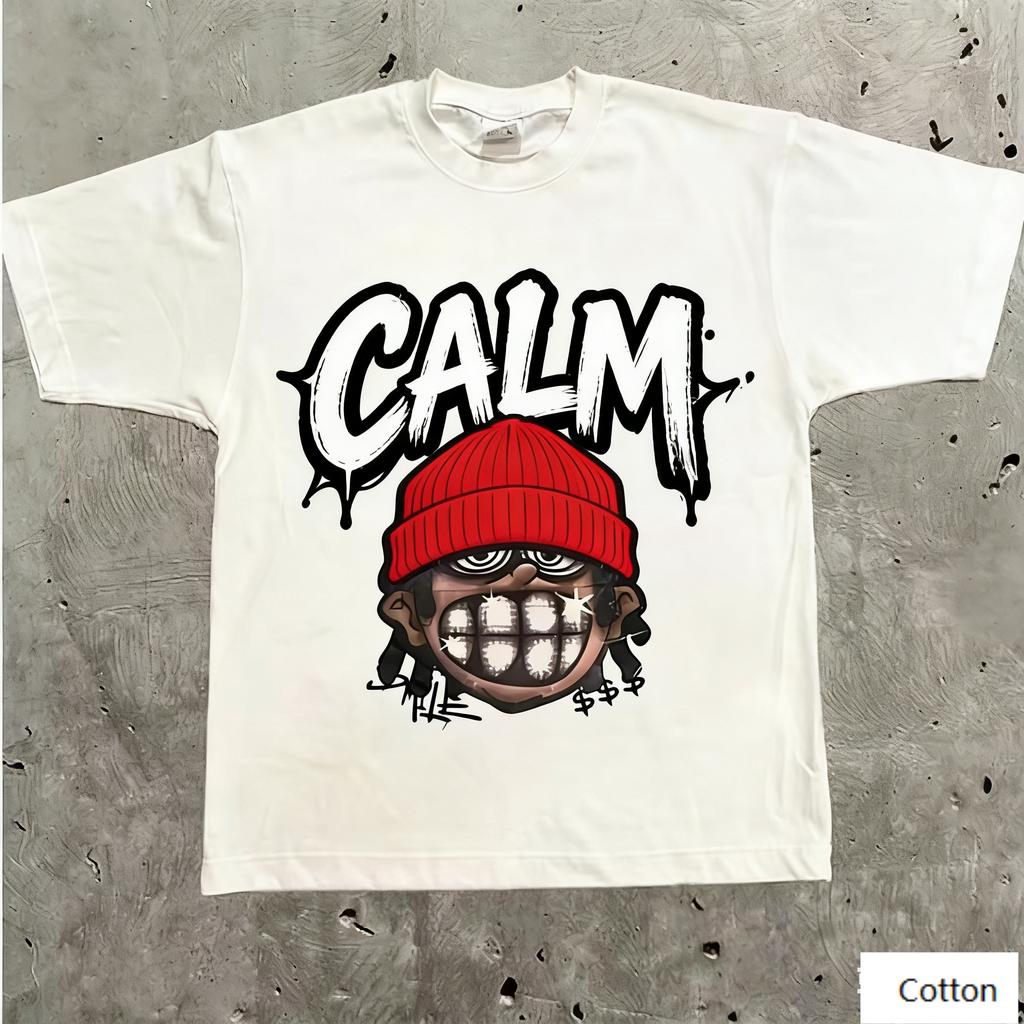 Streetwear Unisex Cotton TShirt Featuring Edgy Cartoon HipHop Design and CALM Graffiti Text HipHop Style Top