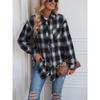 Женская мода повседневная весна-осень клетчатый принт длинный рукав воротник поло блузки и рубашки