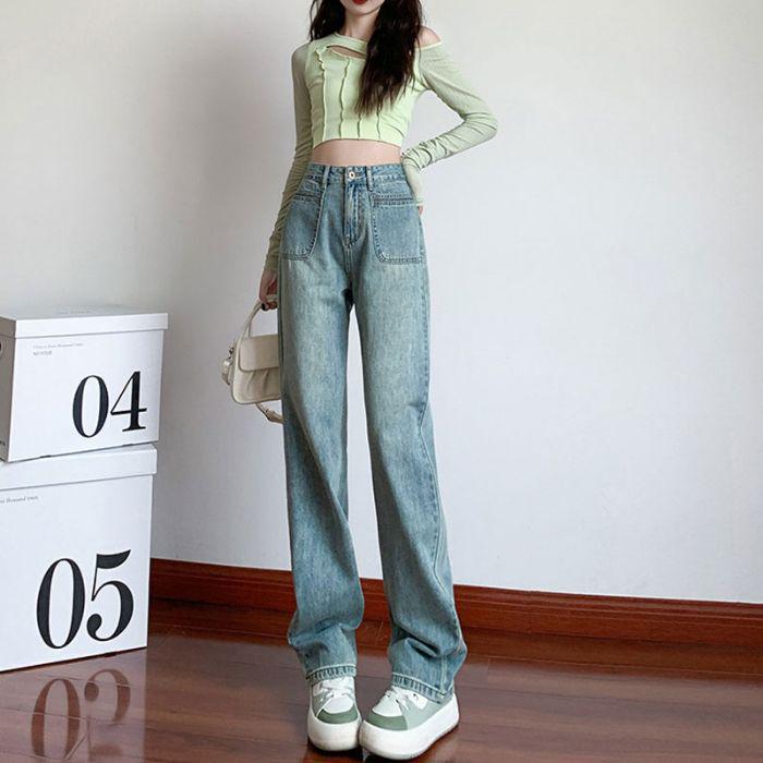 Женские джинсы с высокой посадкой и широкими штанинами - Весна/Осень 2025, в стиле ретро Гонконг, свободного прямого кроя с легкой драпировкой.