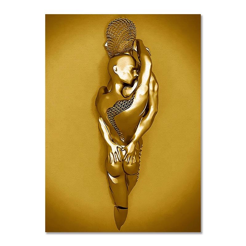 Металлическая фигурка, статуя, художественная картина на холсте, Золотая современная скульптура для влюбленных, постер и принт, настенные панно для гостиной, домашний декор