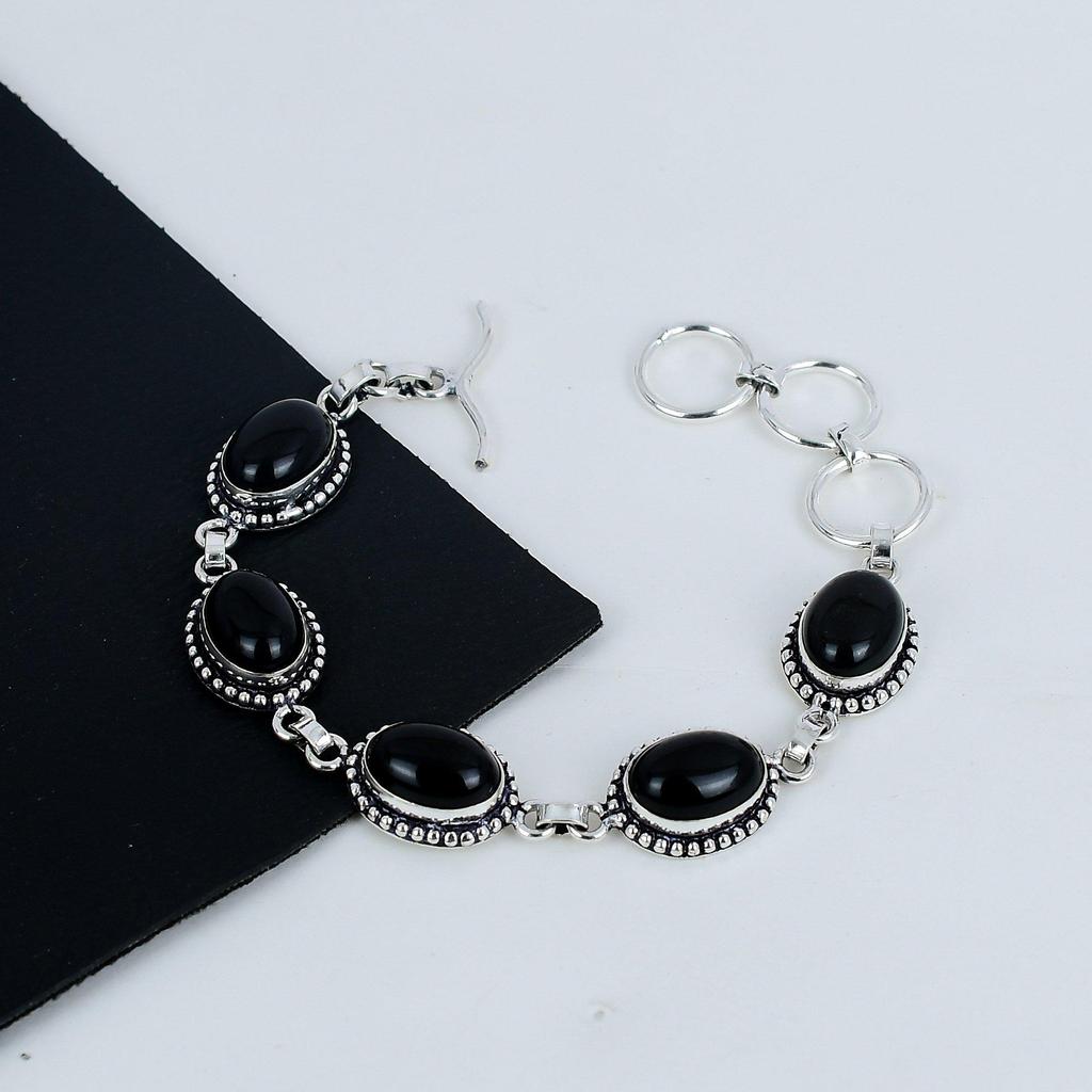 Изящный браслет из черного оникса ручной работы из стерлингового серебра 925 пробы, браслет из черного оникса для жены, браслет унисекс, праздничный подарок для любимой