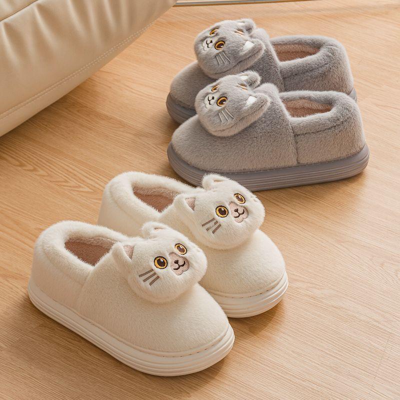 Unisex Winter New Black Furry Cat Cotton Slippers for Women Indoor Home Non Slip Thick Bottom Soft Bottom Fuzzy Slipper Men44/45