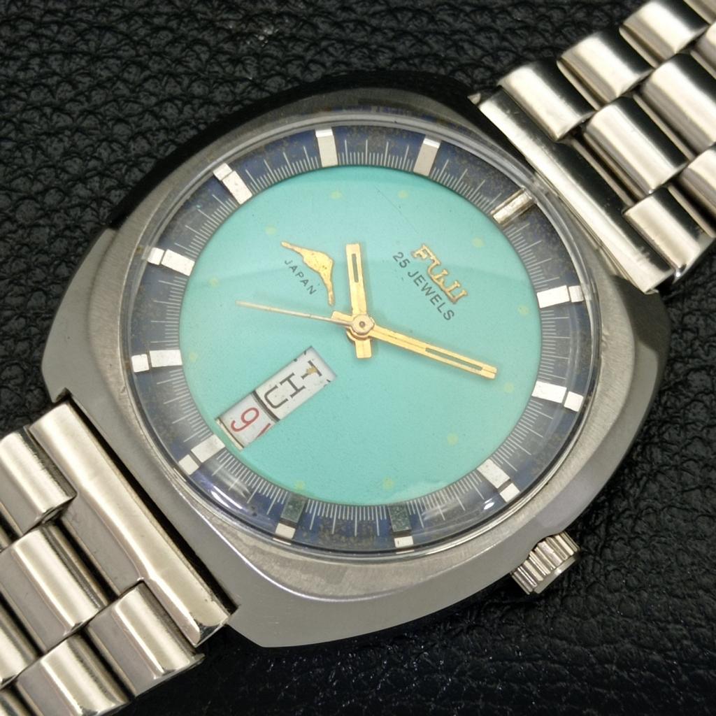 Б/У FUJI AUTOMATIC JAPAN MENS DAY&DATE @ 6 БИРЮЗОВО-СИНИЙ ЦИФЕРБЛАТ a432800-2