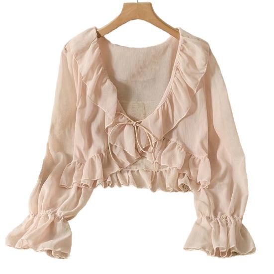 Chiffon Cardigan V-tie Lace-Up Lightweight Shirt Solid Color Ruffle Trim Summer Thin