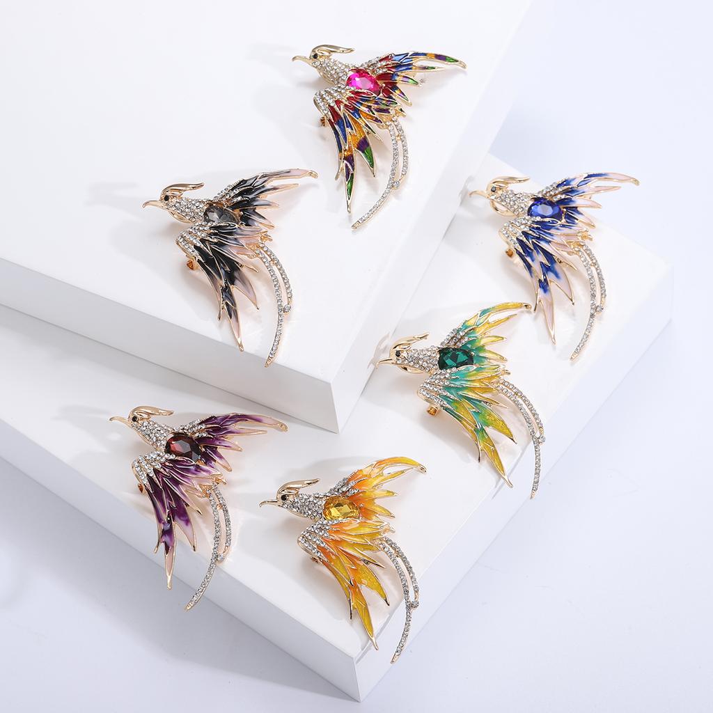 Rhinestone Phoenix Brooches for Women Unisex Bird Pins 5-color Available Casual Party Accessories Gifts