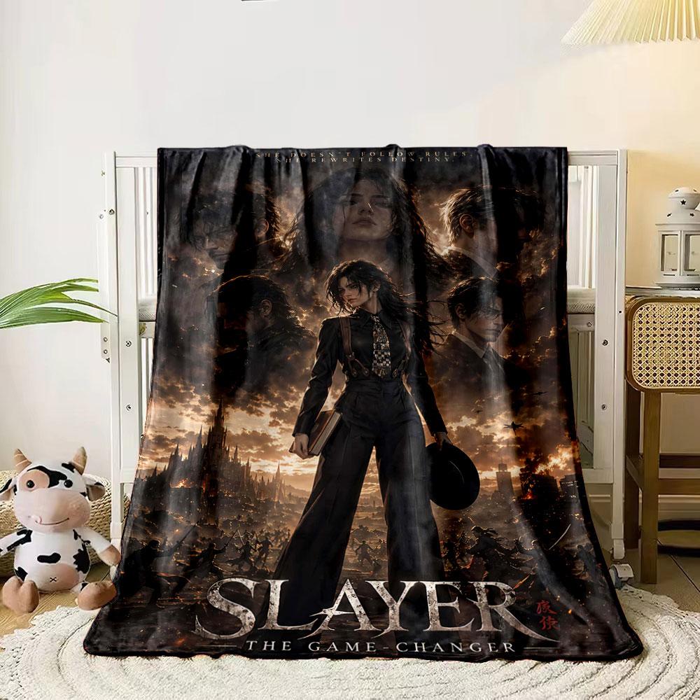 A bold protagonist stands amid chaos, with dramatic skies and fiery battle. for all seasons blanket lunch break throw gift