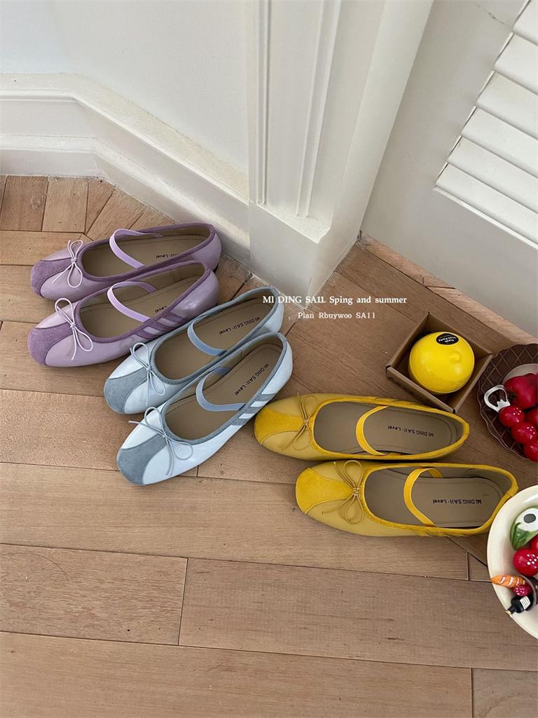 IPPEUM Blue Ballet Flats For Women Round Toe Bow 2025 New Summer Mary Janes Shoes