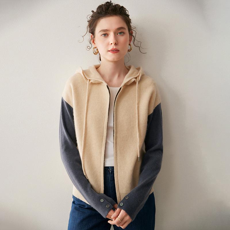 Женский вязаный кардиган-худи на молнии в корейском стиле, Color Block, из кашемира - Мягкий, приятный для кожи, плотный дизайн
