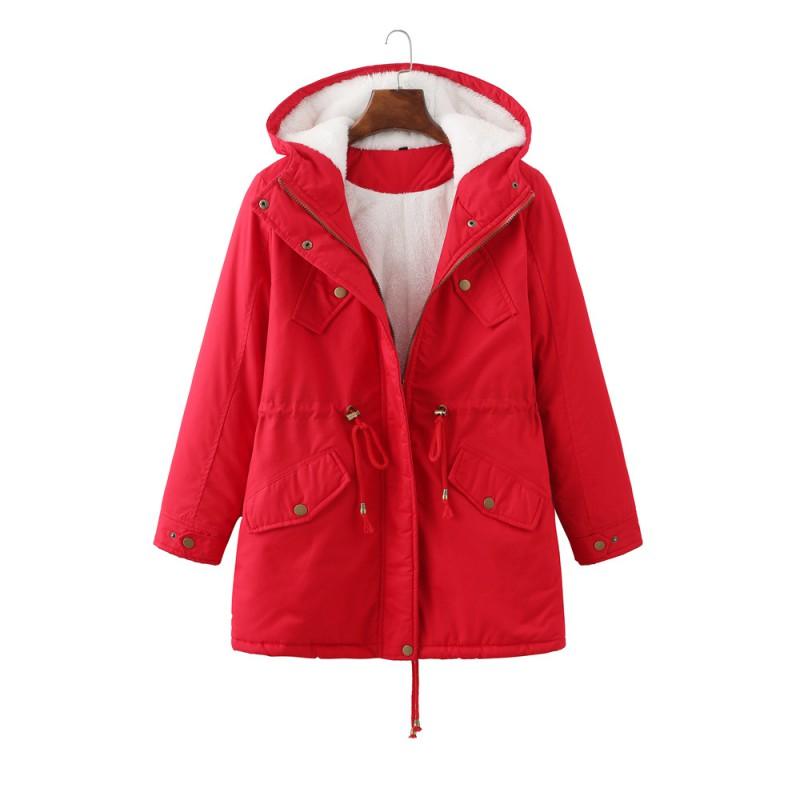 Womens Warm Fleece-Lined Hooded Cotton Coat Mid-Length Straight Fit Winter Daily Wear