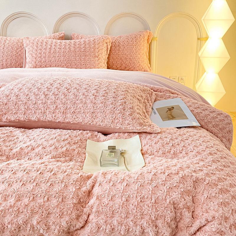 Autumn and Winter Thickened Rabbit Plush Three-dimensional Milk Velvet Winter Warm Sheets and Fitted Sheets Bedding Double Four-piece Set