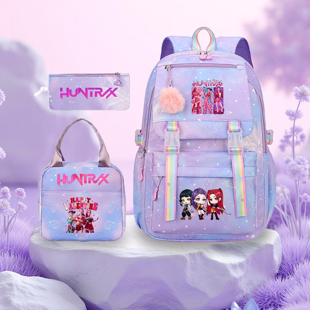 Kpop Demon Hunter Girl Troupe Elementary School Bag Three-Piece Set Lightweight Burden Reduction High School Girls School Bag Large Capacity Backpack
