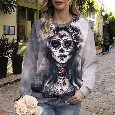Осень-Осень женская мода O-образный вырез длинный рукав футболка свободная одежда красивая скелет принт футболка для девочек уличная