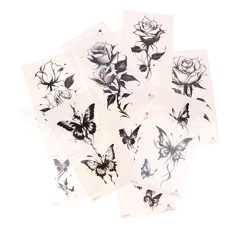 Черный цветок водонепроницаемый временный тату-стикер красота бабочка роза для женщин 3D флэш боди-арт руки моющиеся поддельные татуировки