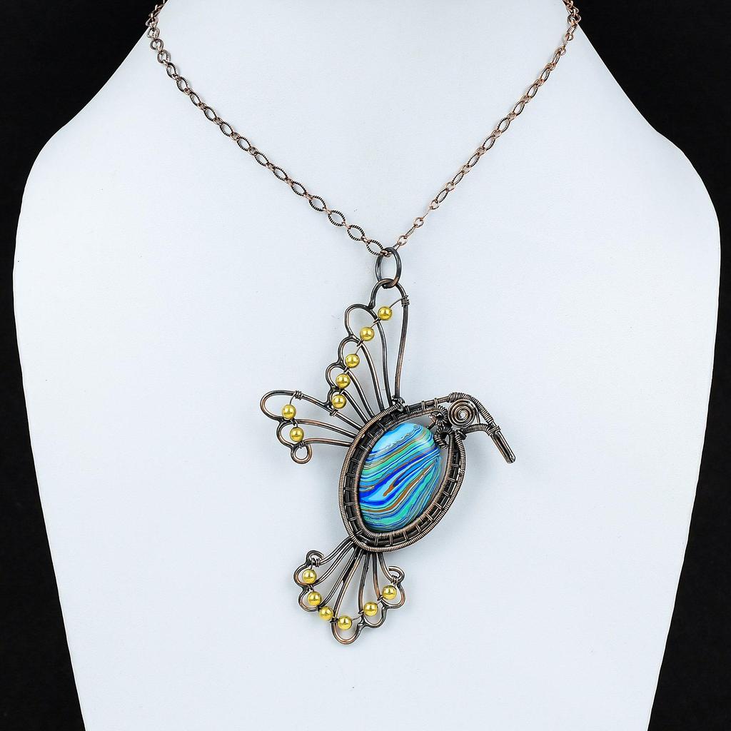 Радужный кулон из кальцинированного кремния Медная проволока, обернутая кулоном с драгоценным камнем Стильный кулон Медные украшения Подарок на помолвку Ювелирные изделия ручной работы Подвески с птицами