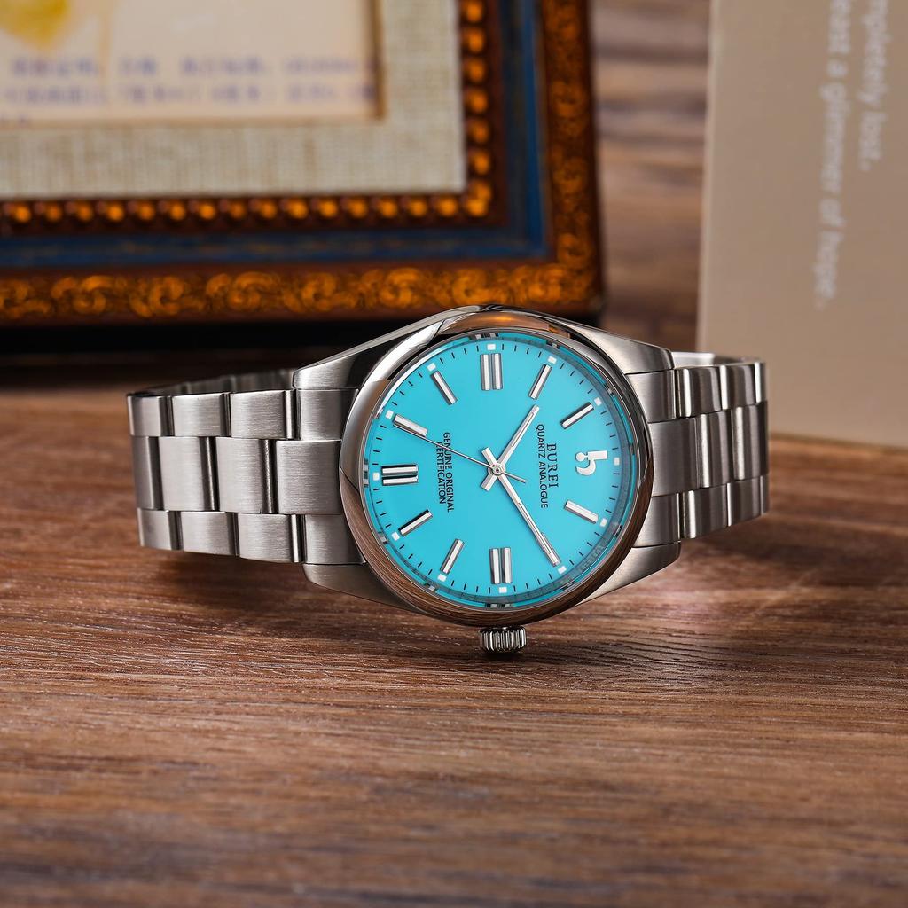 Часы Аналоговые Водонепроницаемые Кварцевые Парные Часы Популярные Простые Серебряные Светло-Голубые Светящиеся Часы [BUREI] Мужские