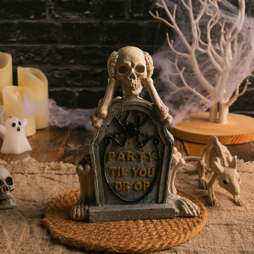 Halloween Tombstone Resin Figurine, Skull Tabletop Decor Ornament for Holiday Party Scene Layout