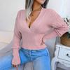Women Autumn Winter Hollow V Neck Bat Sleeve High Waist Solid Color Pullover Sweater