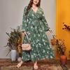Plus Size Women's New Autumn Temperament Print Strap Waist Long Sleeve V Neck Dress