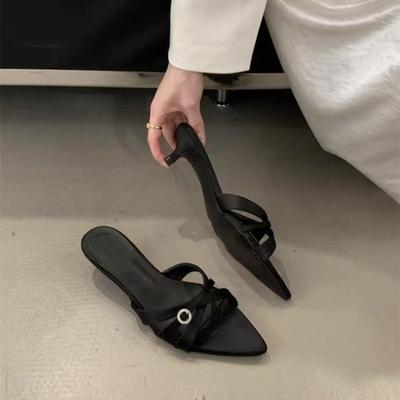 Мода 2025 Лето Новые Женские Шлепанцы Модные Остроносые С Открытым Носком Женские Элегантные Слайды Тонкий Низкий Каблук Уличные Платье Сандалии