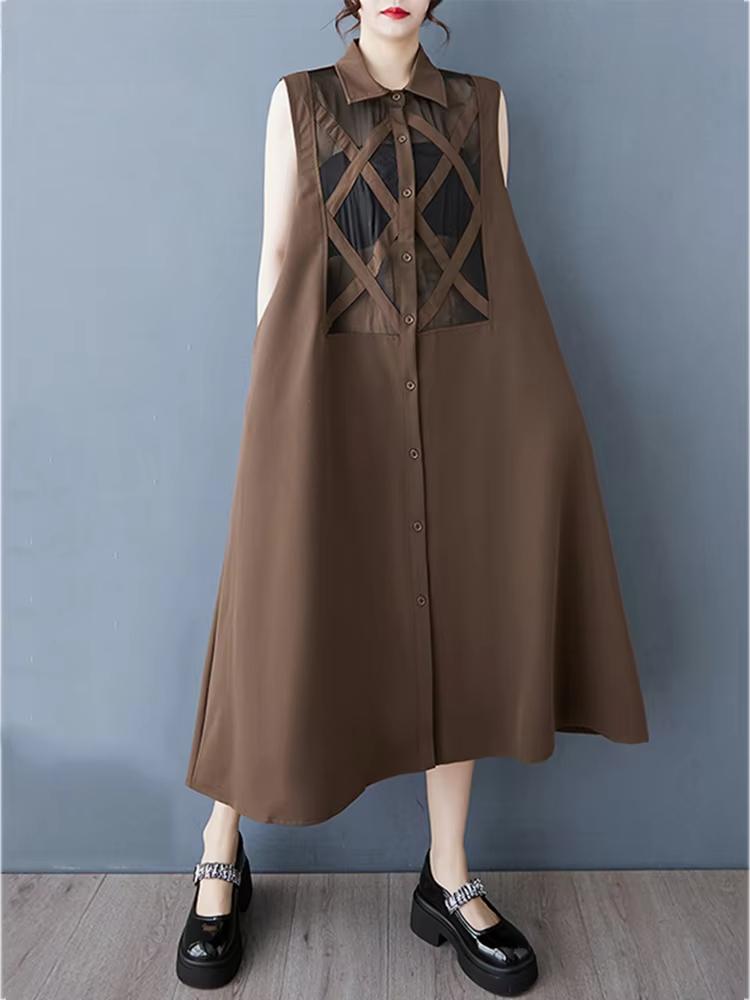 Xitao Patchwork Mesh Turn-down Collar Dress GYX1407