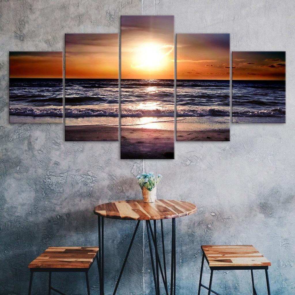 Sunset Beach Sea Waves Canvas 5 Piece Five Panel Wall Print Modern Art Poster Picture Home Decor Gift For Him For Her