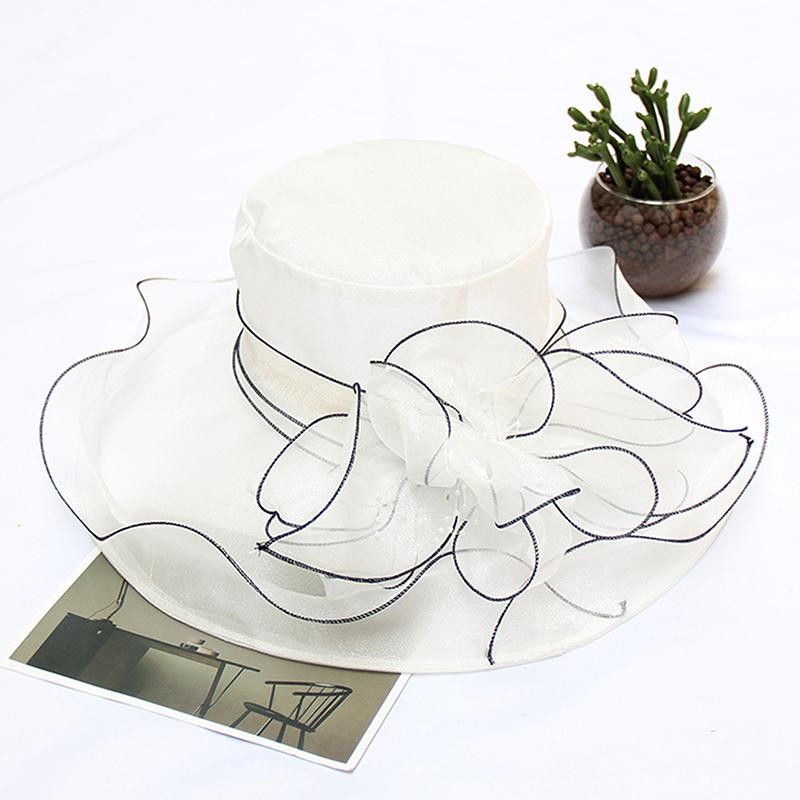 Vintage Organza Wide Brim Hat For Women Church Dress Bridal Wedding Hat Floral Mesh Sun Hat Party Beach Caps