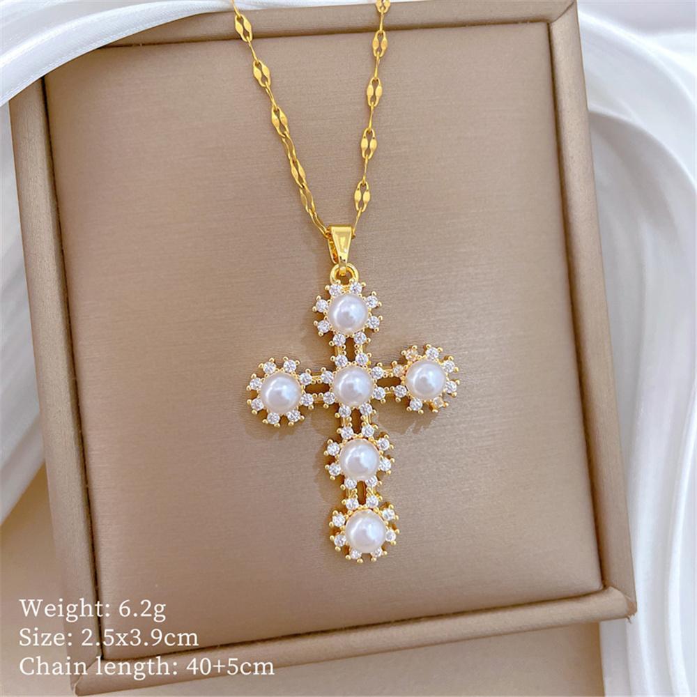 Elegant Charm Female White Zircon Stone Skeleton Cross Pearl Pendant Necklace Gold Color Wedding Jewelry For Women