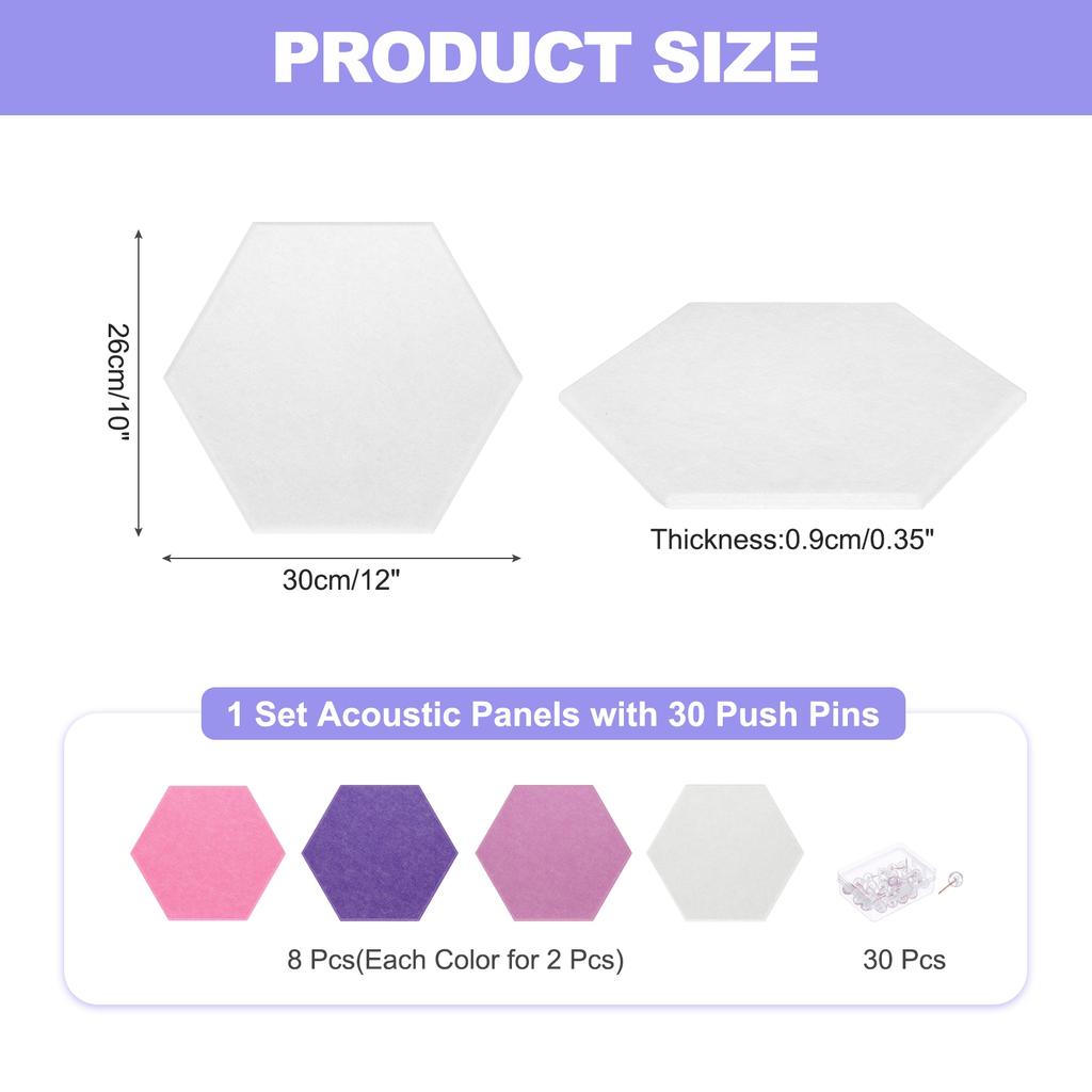 8Pc Hexagon Acoustic Panels 30x26cm B1 Fireproof Soundproof Foam Panels with 30 Push Pins for Wall Decoration Home Studio Office