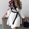 Shirt Dress Elegant Long Sleeve Lady Mini Dress Floral Print Satin Surface Shirt Dress Women Dress for Office