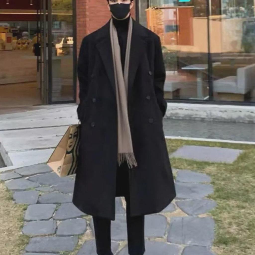 Men's Mid-Length Double-Breasted Wool Coat with Suit Collar