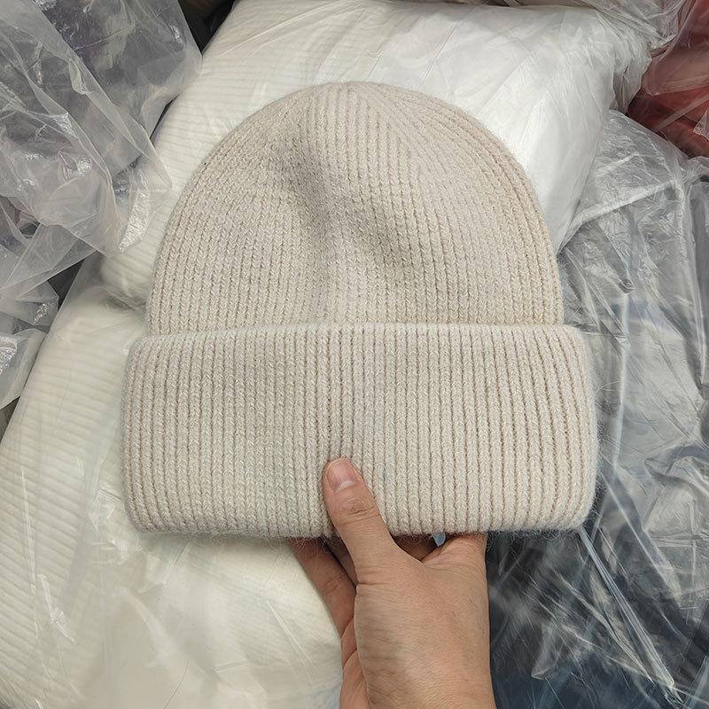 White rabbit fur knitted thickened ear protector wool hat for women's autumn and winter big head circumference loose and small face, warm bag head col