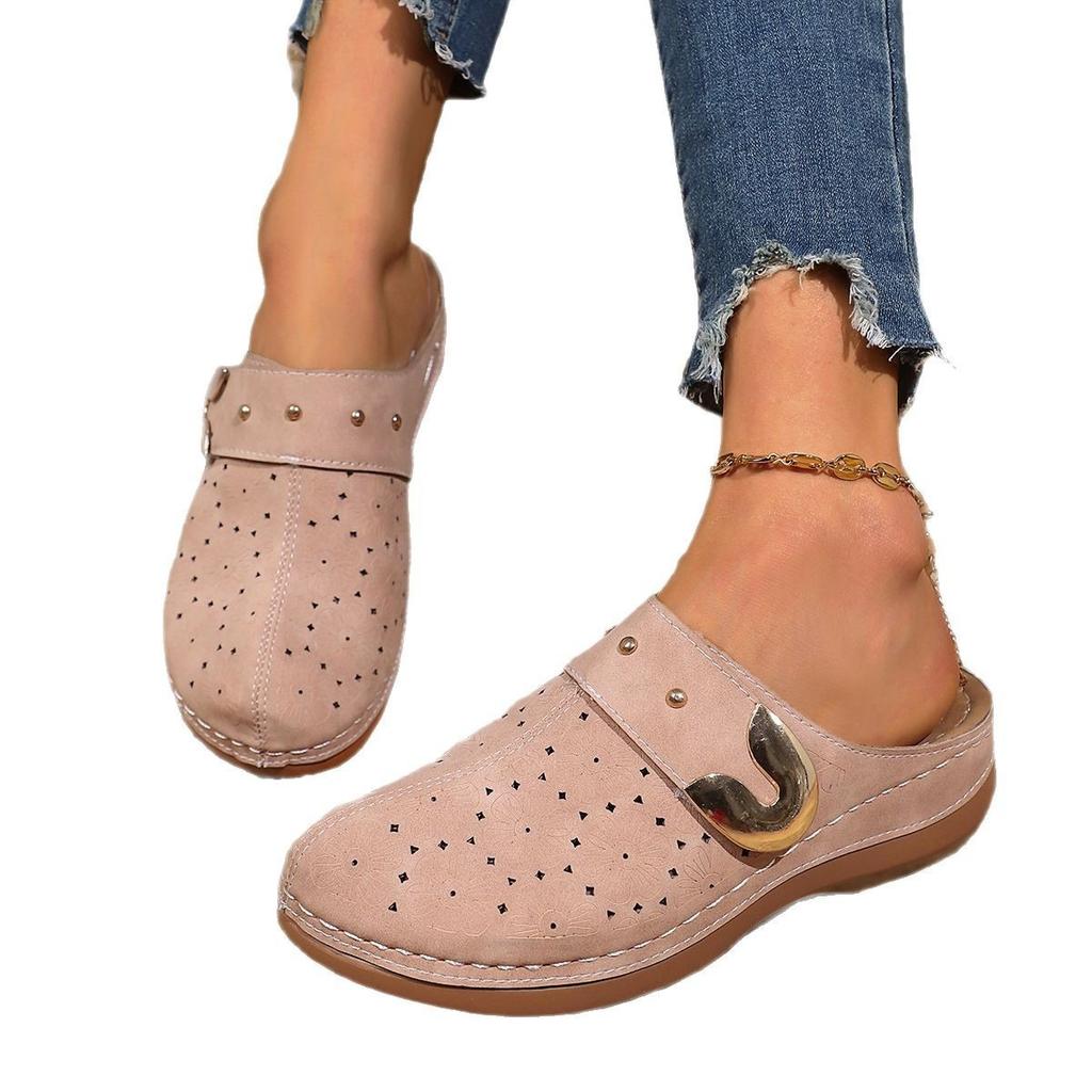 Foreign Trade Large Size 45 Bag Head Flat Bottom Casual Half Slippers Women's 2025 New Solid Color Wedge Metal Buckle Beach Slippers