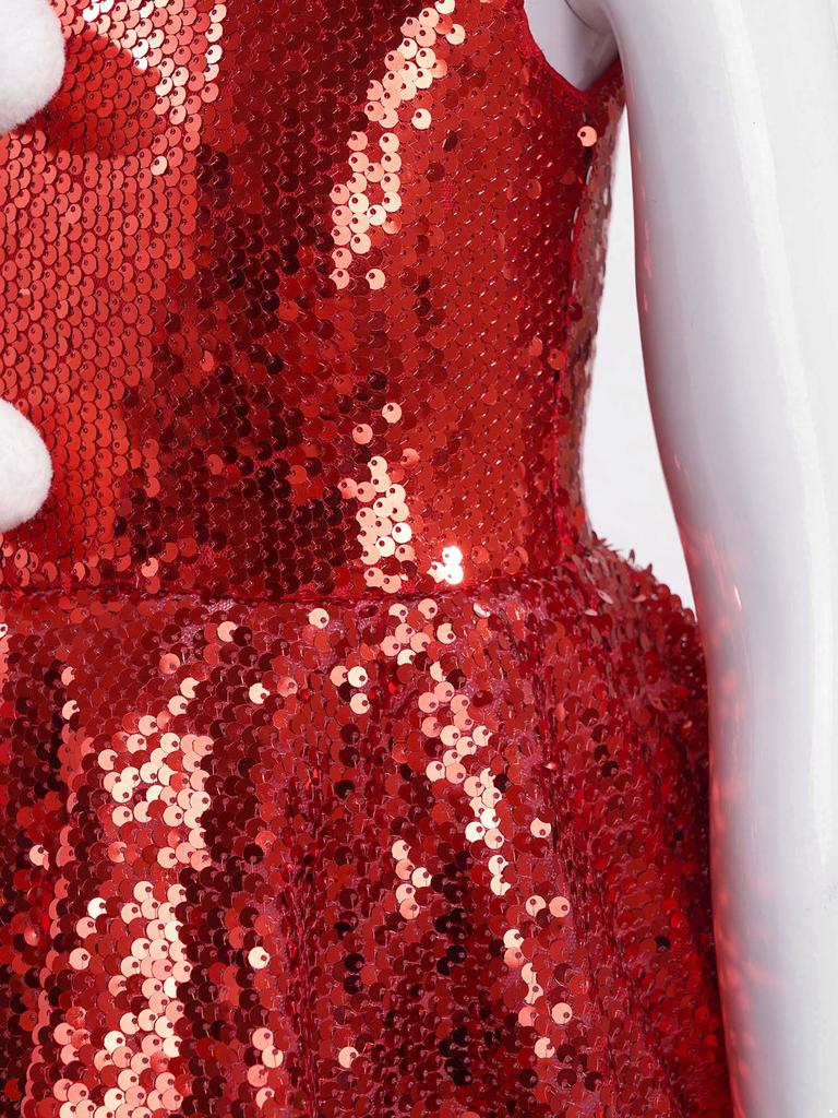 Kids Girls Christmas Party Dance Performance Costume Sleeveless Sequins Dress with Hat Set