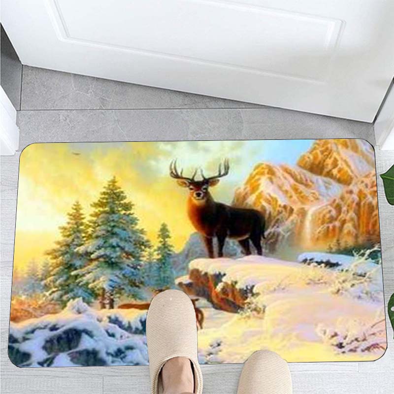 Deer Carpet Cartoon Elk Moose Pattern Carpets Kitchen Mat Bedroom Living Room Doormat Home Hallway Balcony Anti-Slip Floor Mat