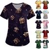 Women's Cute Printed Work Clothes V-neck Double Layer Pockets Basic Short Sleeve Top Pullover Christmas