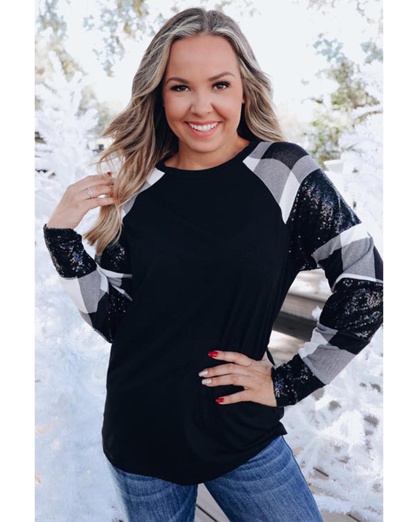 Azura Exchange Black Sequin Plaid Patchwork Raglan Sleeve Top